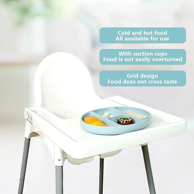 Divided Food Feeding Bowl Silicone Baby Dishes Kid Dinner Suction Baby Silicone Tableware Plate Bowl Spoon Fork Set BPA Free Non Toxic (Blue)