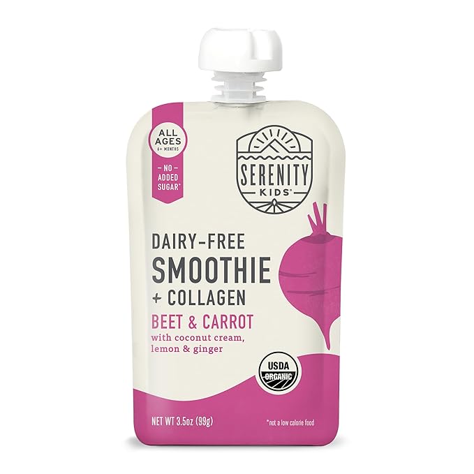 Serenity Kids 6+ Months Organic Baby Food Smoothie Pouch - Dairy-Free Beet & Carrot - USDA Certified Organic Protein Blend - 3.5 Oz, 6 Pack