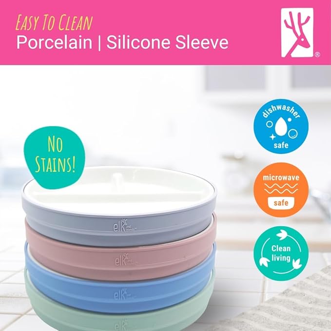 Elk and Friends Kids 7.8” Porcelain Divided Plates with Silicone Suction Sleeves | Suitable for Kids/Toddlers | Microwave & Dishwasher Safe | Non Slip | Snack Dishes | 2 Pack