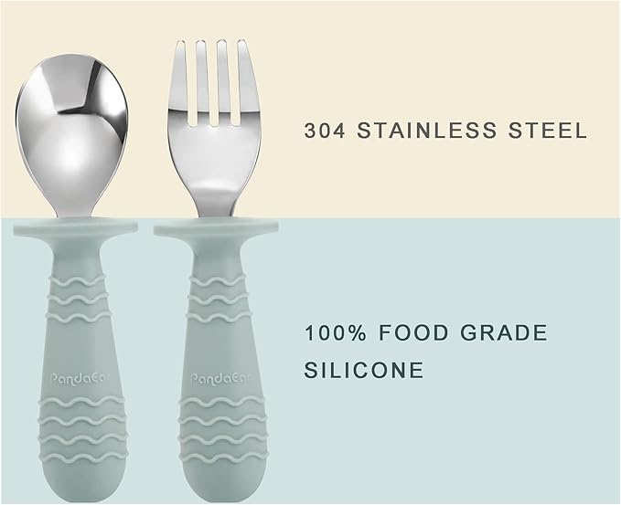 PandaEar 4 Set Baby Toddler Silicone Stainless Steel Utensils Silverware Spoon Fork for Baby Toddler BPA Free with Silicone Holding Anti-Choke Design
