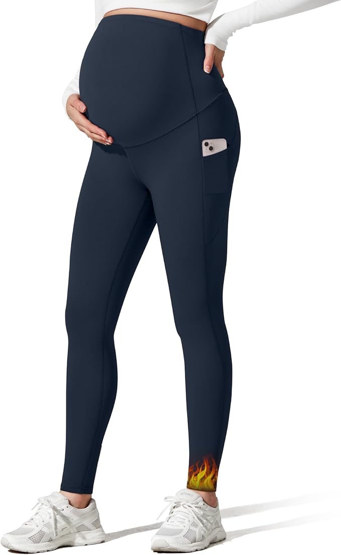 G4Free Barefeel Fleece Lined Maternity Leggings with Pockets Over The Belly Pregnancy Yoga Pants