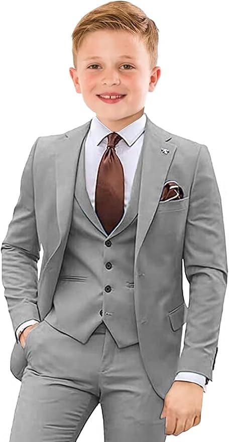 Boys Suit 4 Piece Slim Fit Kids Tuxedo Suit Formal Wedding Outfit Blazer Vest Pants Set with Tie