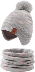 JANGANNSA Knitted Baby Hat Scarf Set Winter Warm Boys Girls Beanie Fleece Lining Toddler Kids Hats with Pompom