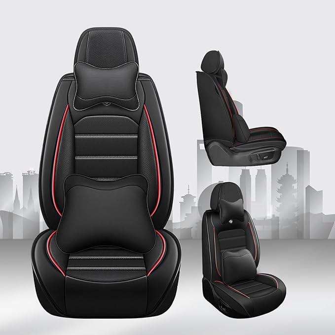 JOJ Car Seat Cover Fit for Toyota Highlander 2001-2025,7 Seat Car Seat Cover,No-Slip Waterproof Breathable Faux Leather,Full Set with Pillow Steering Wheel Covers,Black Red