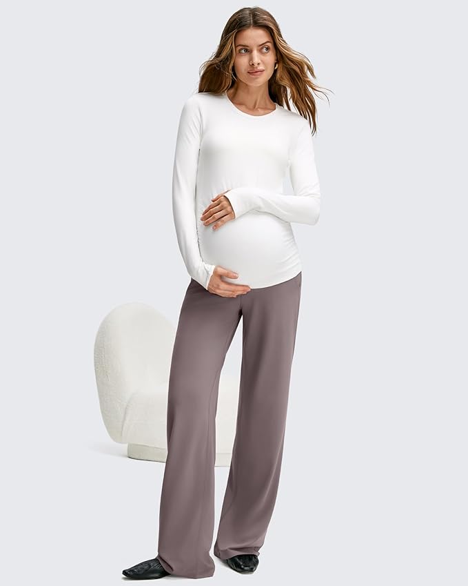 G4Free BareFeel Maternity Dress Yoga Pants with Pockets Over The Belly Stretchy Work Slack Pregnancy Wide Leg Casual Trousers
