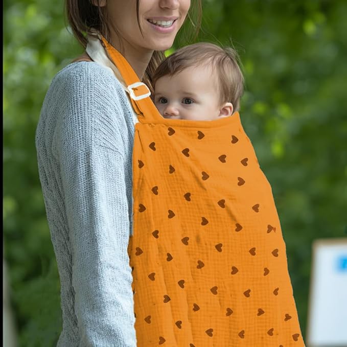 Muslin Nursing Covers for Breastfeeding, Arch Neckline Breast Feeding Covers for Women, Moms Privacy Breathable Summer Nursing Apron, 43.3" x 25.6" Soft Feeding Cover (Orange Green Heart)