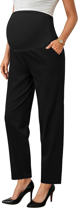 OUGES Womens Stretchy Maternity Over Belly Casual Work Straight Leg Pants Ankle Business Office Trousers with Pockets