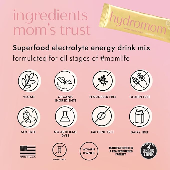 Boobie Hydromom Superfood Electrolyte Drink Mix, Watermelon Yuzu | Refreshing Energy & Hydration Boost for Mamas | On-The-Go & Travel Essentials for Pregnancy, Lactation, & Beyond, 15 Packets