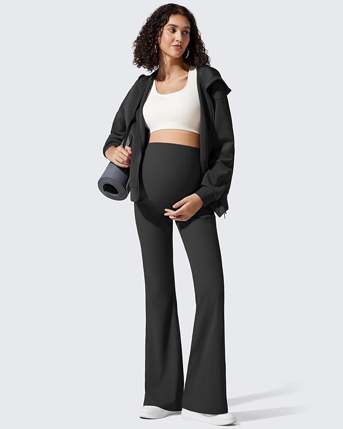 G4Free Ribbed Maternity Flare Yoga Pants with Pockets Over The Belly Pregnancy Bell Bottom Leggings