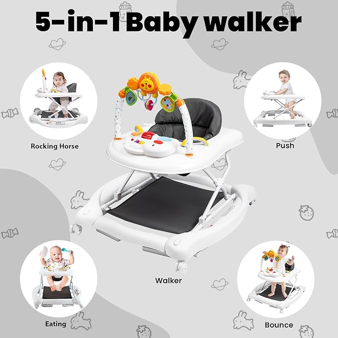 5-in-1 Baby Walker, Baby Walkers for Boys Girls 6-18 Months, Foldable Activity Walker, Toddler Infant Walker with Bouncer, Adjustable Height, Removable Footrest, Feeding Tray, Music