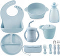 PandaEar Silicone Baby Feeding Set | 11PCS Baby Led Weaning Supplies Self Feeding Utensils | Divided Suction Plate Bowl Bibs Sippy Cup with Baby Food Pouch Snack Container Spoons Forks, Blue