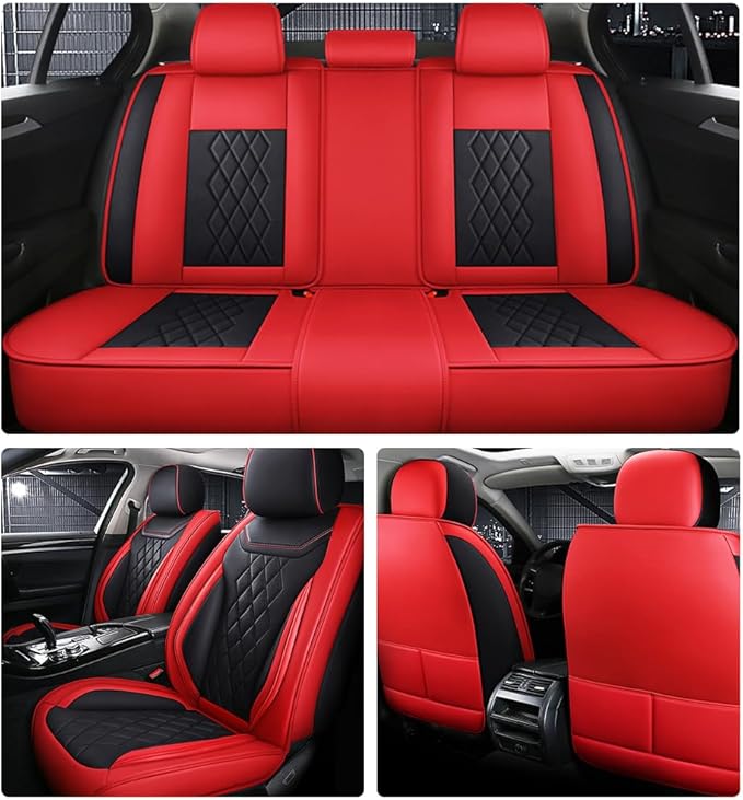 Leather Car Seat Covers for Volkswagen Atlas 2019-2023Waterproof,Breathable and Non-Slip Napa Leather Car Interior Seat Covers,Comfortable and Durable,Easy to Install(5PCS Comfort Black+Red