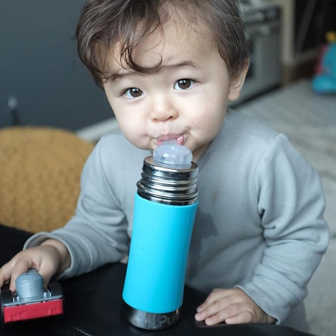 Pura Kiki 11oz/325ml Stainless Steel Straw Bottle w/Sleeve - 100% Plastic-Free, MadeSafe Certified, 100% Medical-Grade Silicone Straw for Kids, Toddlers, Preschoolers, Babies & Infant - New Rose