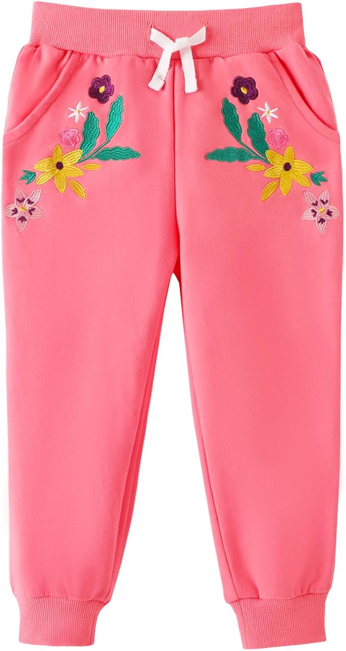 HILEELANG Girls Cotton Joggers Sweatpants Embroidery Drawstring Waist Pockets Casual Pants for Kids 12M-7Y
