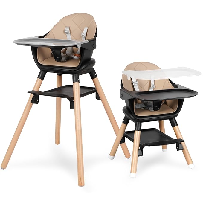 6 in 1 Baby High Chair, Convertible Wooden High Chairs/Booster Seat for Babies and Toddlers, Baby Feeding Chair with 5-Point Harness/Double Removable Tray & Adjustable Footrest (Black)