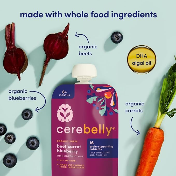 Cerebelly Organic Baby Food Pouches, Beet Carrot Blueberry Purees, 16 Nutrients, No Added Sugar, Fiber & Non-GMO, 4oz, 12 Pack