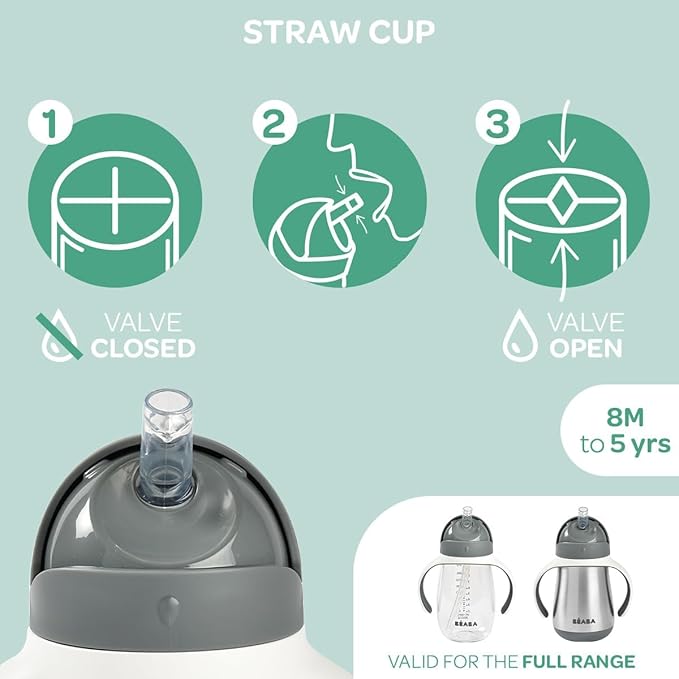 Beaba Stainless Steel Straw Sippy Cup, Insulated Toddler Cups Spill Proof with Removable Handles, Made with High Grade Stainless Steel, 8+ months, 8.5 oz Oat