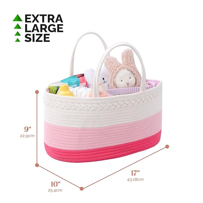 Baby Diaper Caddy Organizer, Extra Large Cotton Rope Nursery Diaper Basket, Changing Table Organizer, Portable Tote Bag with Divider, Car Storage, Baby Shower Gifts for Newborn Girls - Pink