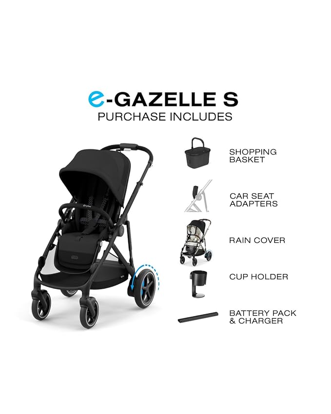Cybex e-Gazelle S Electronic Assist Stroller – Gazelle S Single-to-Double Electric Stroller, Smart Assist, Rocking Mode, 20+ Configurations & Compact Fold, Moon Black with Black Frame