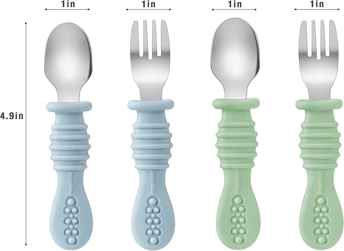 PandaEar Silicone Baby Feeding Set| 2 Pack Silicone Divided Suction Plate and 2 Pack Tiny Cup with 2 Spoons 2 Forks| Baby Led Weaning Supplies Self Feeding Eating Utensils (Light Blue/Light Green)