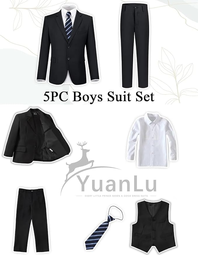 YuanLu Boys Suit for Kids Tuxedo Wedding Ring Bearer Outfit, 5 Piece Boy Slim Fit Formal Suits with Adjustable Waist