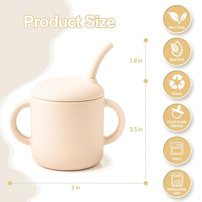 Silicone Baby Cup with Straw, Straw Cup for 6 Months+, Leak Proof, 6 fl oz (Grey)
