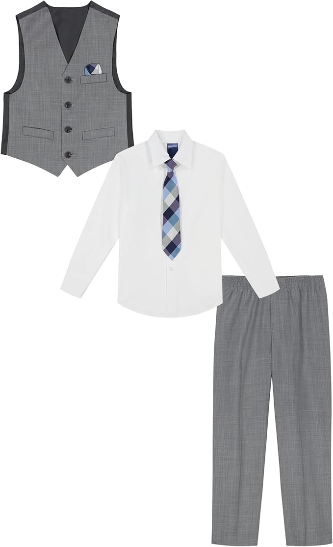 Nautica Boys' 4-Piece Formal Suit Set with Vest, Pants, Collared Dress Shirt, and Tie