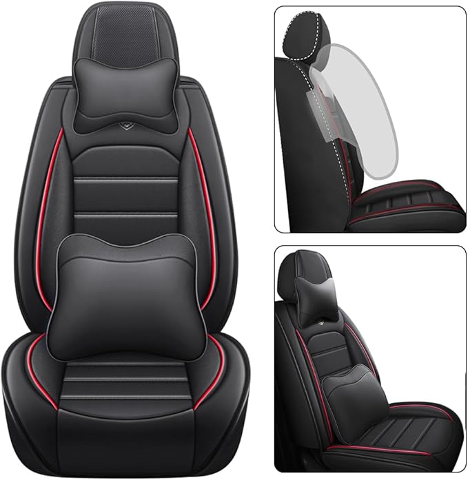 Leather Seat Cover for Ford Edge 2010-2026,Waterproof Soft Seat Covers,Interior Accessories Seat Covers Cushion Vehicle Protector Airbag Compatible(Black&Red,Full Set with Pillow)