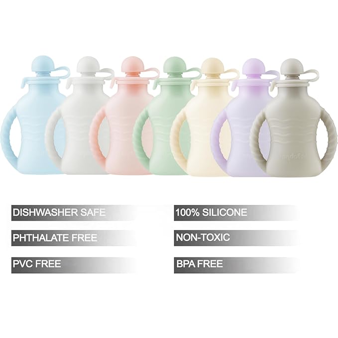 PandaEar 7 Pack Reusable Silicone Baby Food Pouches, Washable Freezer Squeezable Pouch for Toddler Kids, BPA-Free Silicone Refillable Baby Food Storage, 4oz