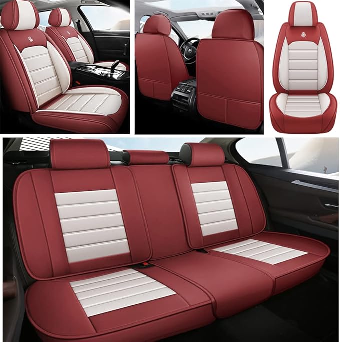 Leather Seat Cover for Ford Edge 2010-2026,Waterproof Soft Seat Covers,Interior Accessories Seat Covers Cushion Vehicle Protector Airbag Compatible(Red&White,Full Set)