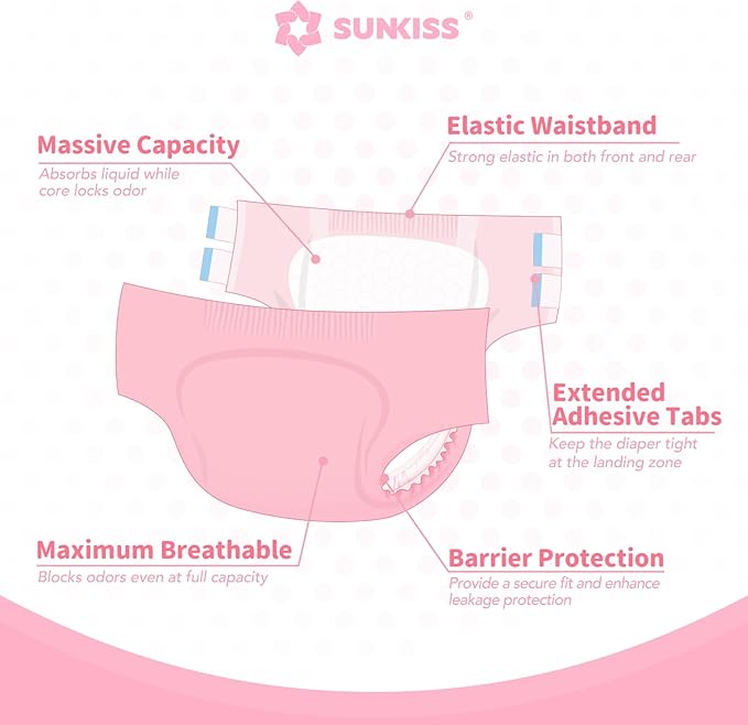 SUNKISS Masterpiece Adult Diapers with Tabs, Unisex Disposable Incontinence Briefs for Women and Men, Odor Control, Pink, Large/XLarge, Previously Large, 40 Count (4 Packs of 10)