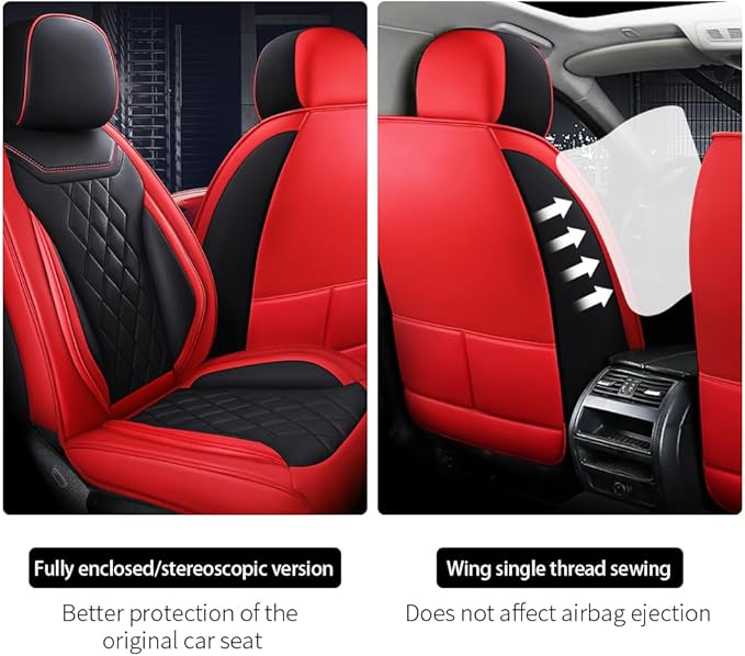 Leather Car Seat Covers for Volkswagen Atlas 2019-2023Waterproof,Breathable and Non-Slip Napa Leather Car Interior Seat Covers,Comfortable and Durable,Easy to Install(5PCS Comfort Black+Red