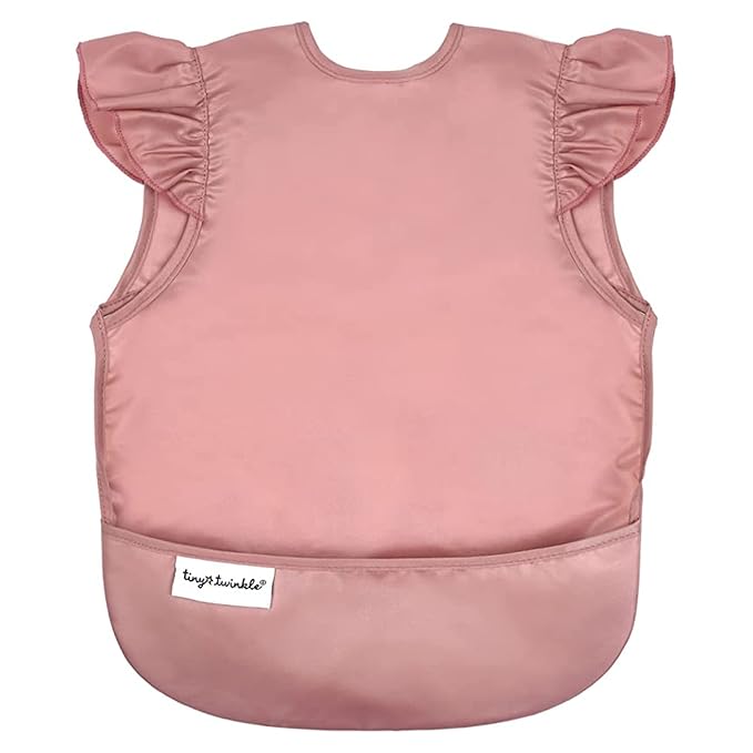 Tiny Twinkle Short Sleeve Apron Baby & Toddler Bib for Girls – Waterproof, Mess-Proof Bibs for Eating & Feeding, Machine Washable,Perfect Holiday Gift (Taupe, 6–24M)