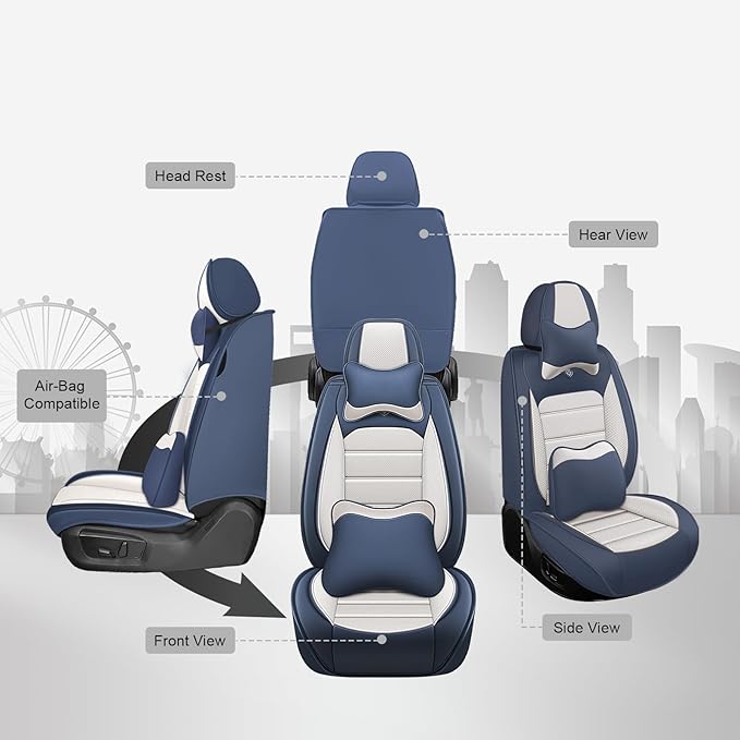 JOJ Car Seat Cover Fit for Toyota Highlander 2001-2025,7 Seat Car Seat Cover,No-Slip Waterproof Breathable Faux Leather Automotive Seat Covers Auto Interior Covers,Full Set with Pillow,Cream Blue