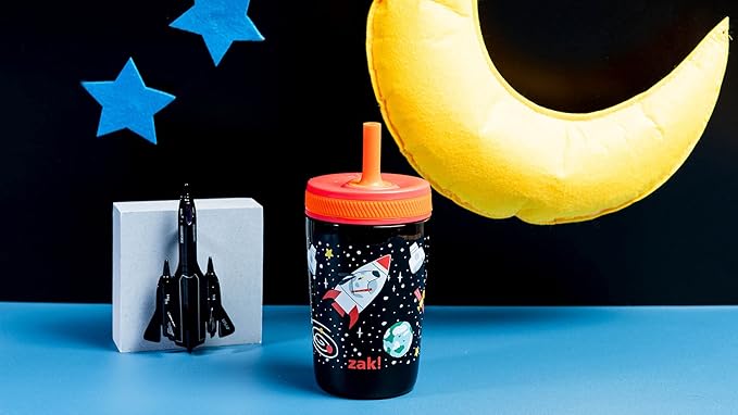 Zak Designs Kelso Toddler Cups For Travel or At Home, 12oz Vacuum Insulated Stainless Steel Sippy Cup With Leak-Proof Design is Perfect For Kids (Spaceships)