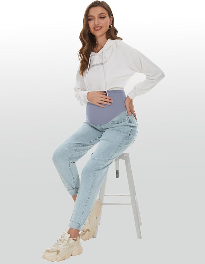 POSHGLAM Women's Maternity Jeans Over Belly Comfy Stretch 28'' Boyfriend Jeans Loose Pregnancy Pants, S-XXL