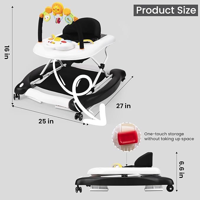 Baby Walker, 5-in-1 Baby Walkers for Boys and Girls 6-12 Months with Bouncer, Removable Footrest, Feeding Tray & Music, Foldable & Adjustable Activity Walker for 6-18 Months Toddler Infant