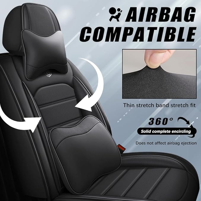 Leather Seat Cover for Ford Edge 2010-2026,Waterproof Soft Seat Covers,Interior Accessories Seat Covers Cushion Vehicle Protector Airbag Compatible(Classic Black,Full Set with Pillow)