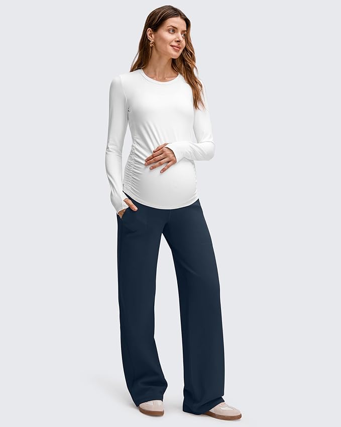 G4Free EverGoing Fleece Lined Maternity Wide Leg Pants Over The Belly Pregnancy Trousers with Pockets