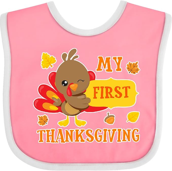 inktastic My First Thanksgiving with Turkey and Leaves Baby Bib