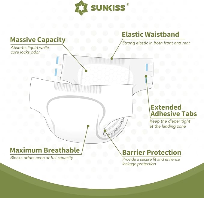 SUNKISS Masterpiece Adult Diapers with Tabs, Unisex Disposable Incontinence Briefs for Women and Men, Odor Control, White, Large/XLarge, Previously Large, 40 Count (4 Packs of 10)