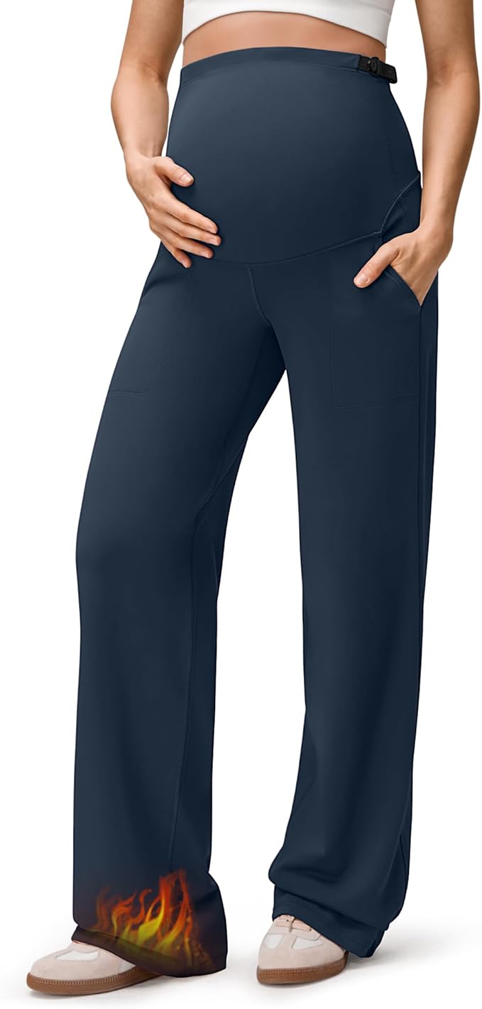 G4Free EverGoing Fleece Lined Maternity Wide Leg Pants Over The Belly Pregnancy Trousers with Pockets