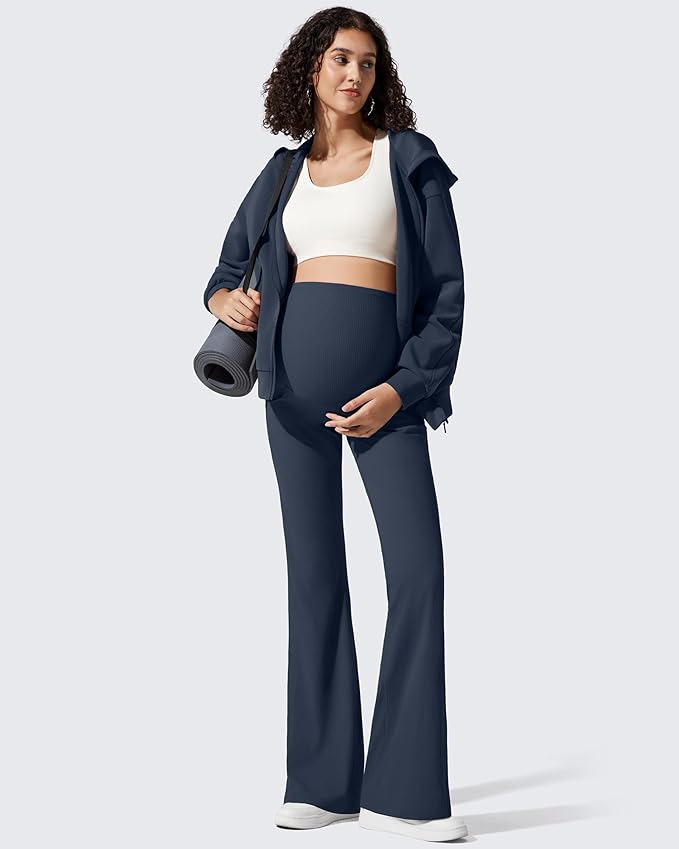 G4Free Ribbed Maternity Flare Yoga Pants with Pockets Over The Belly Pregnancy Bell Bottom Leggings