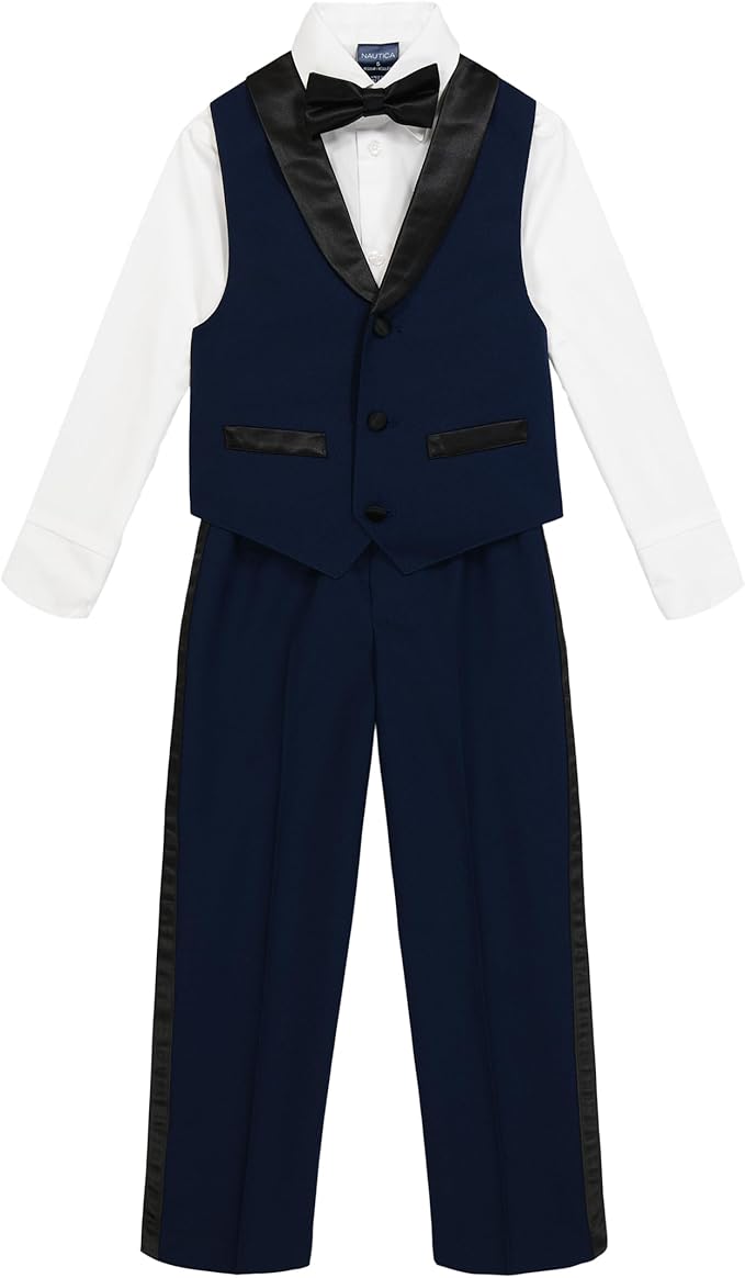 Nautica Boys' 4-Piece Formal Suit Set with Vest, Pants, Collared Dress Shirt, and Tie