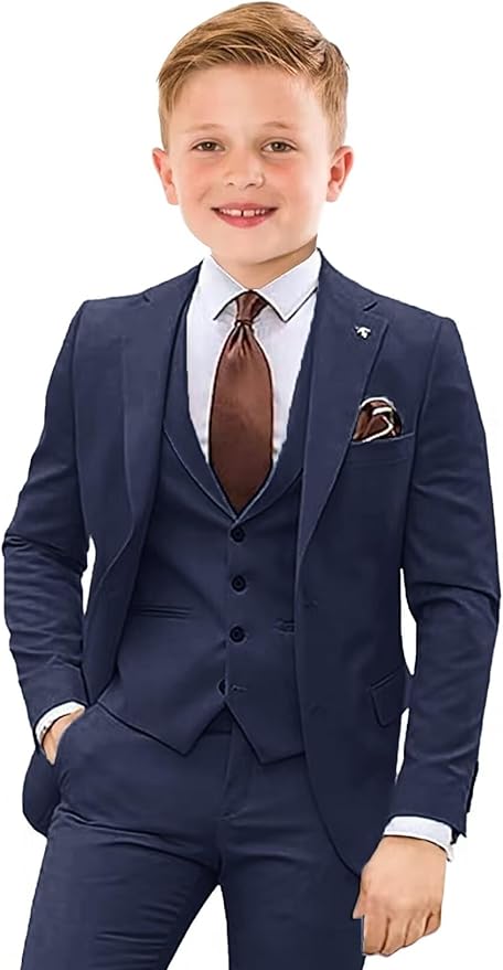Boys Suit 4 Piece Slim Fit Kids Tuxedo Suit Formal Wedding Outfit Blazer Vest Pants Set with Tie