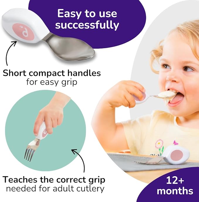 doddl Toddler Utensils, Ergonomic Fork and Spoon Set for Self Feeding, Stainless Steel Silverware for 1-3 Year Olds, BPA Free, Dishwasher Safe (Dusky Rose)