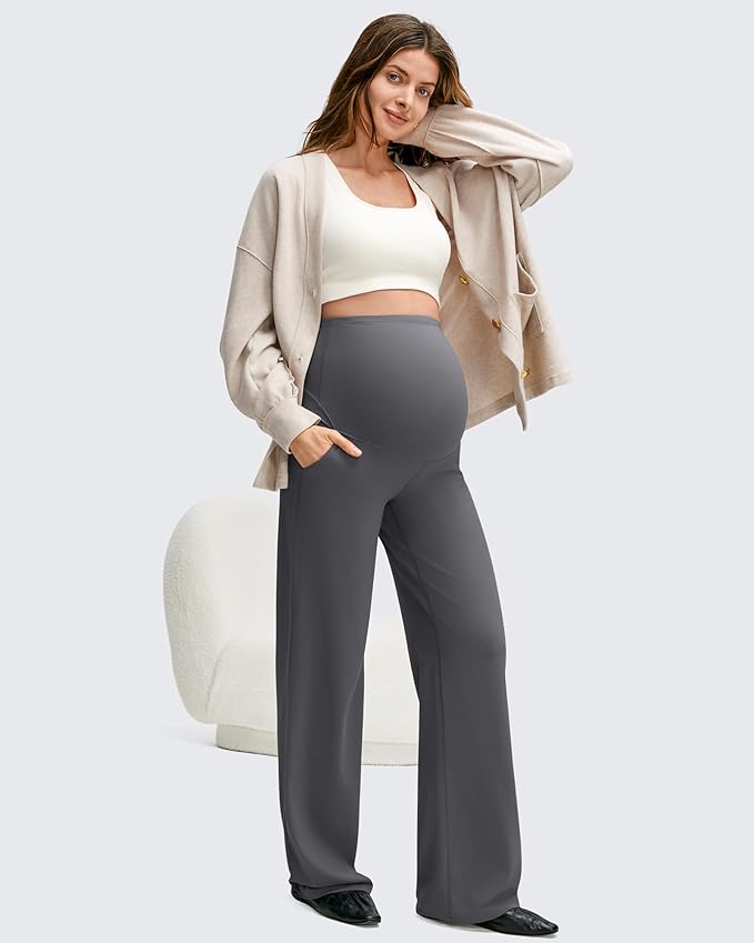 G4Free BareFeel Maternity Dress Yoga Pants with Pockets Over The Belly Stretchy Work Slack Pregnancy Wide Leg Casual Trousers