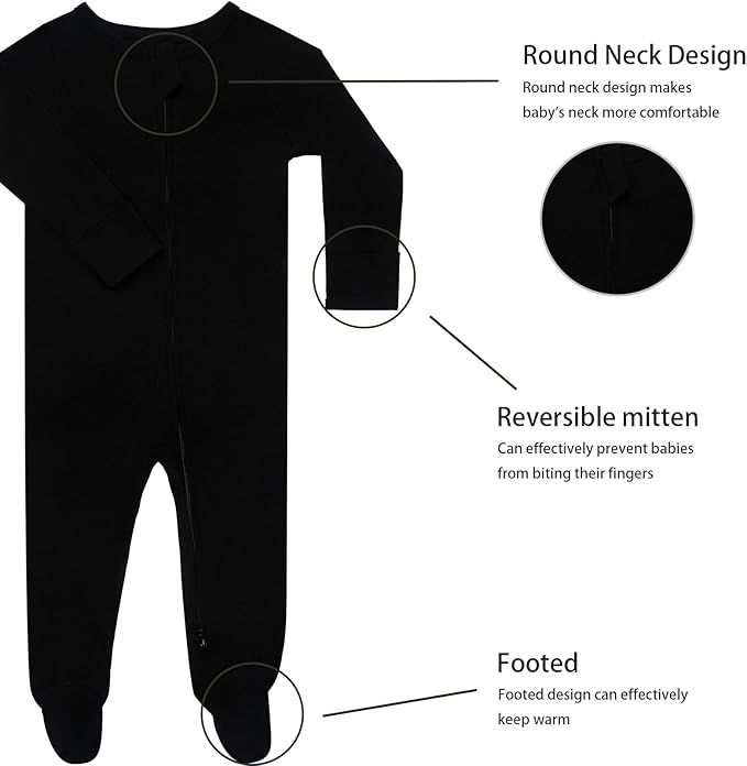 GUISBY Long Sleeve Baby Footed Pajamas with Mittens Cotton Sleepers with Zipper 3-Pack