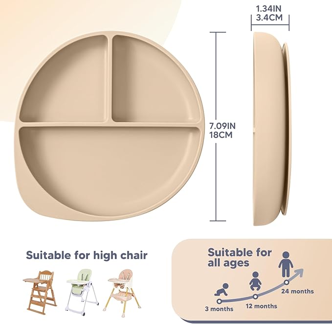 Silicone Baby Feeding Set Plates Set for Toddlers Infant Kids, baby plates with suction (2, Beige)