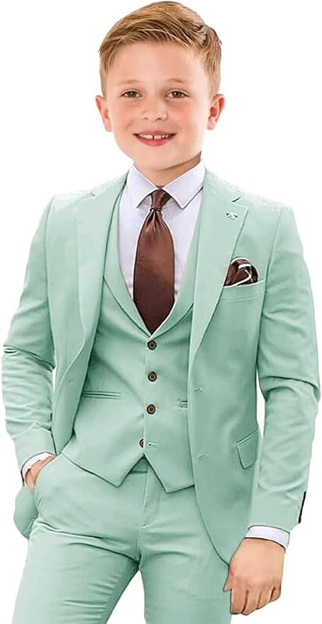 Boys Suit 4 Piece Slim Fit Kids Tuxedo Suit Formal Wedding Outfit Blazer Vest Pants Set with Tie